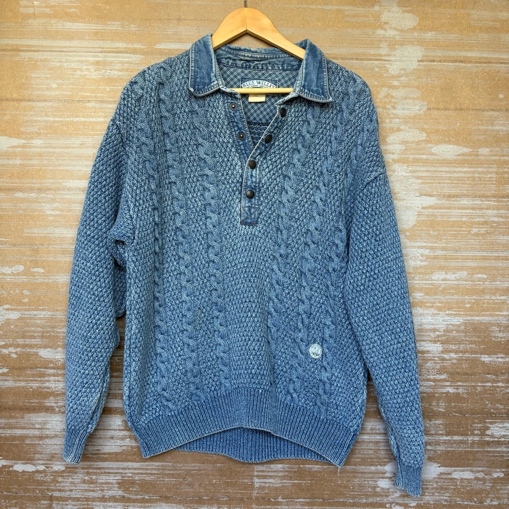 Vintage Blue Willi’s Cable Knit Polo Sweater Americana Classic Preppy Mens L